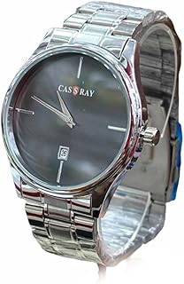 ساعة معدنية فضية للرجال، بمينا رمادي