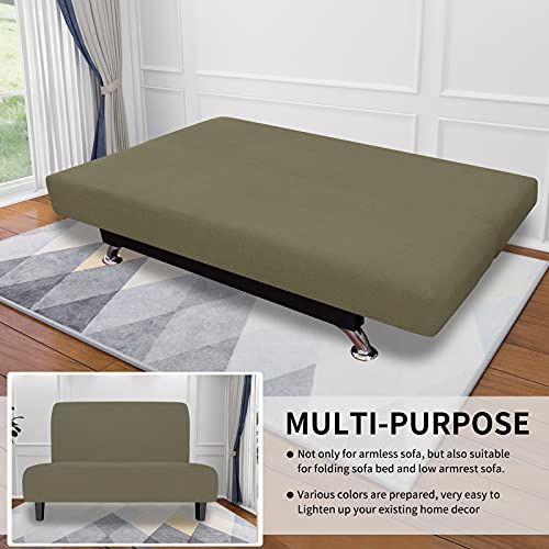 Image of Easy-Going Stretch Medium Futon Slipcover Armless Futon Cover Khaki | Sofa Bed Furniture Protector Without Armrests with Elastic Bottom for Kids, Soft Jacquard Machine Washable