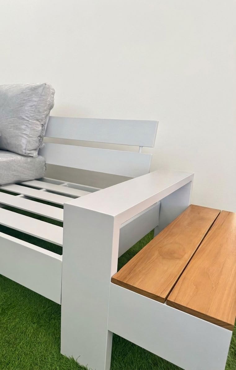 XONE Set da giardino angolare Malibù in alluminio bianco e teak | Salotto da giardino moderno per esterni eleganti | Salotto outdoor con divani e tavolino per terrazzo veranda e giardino