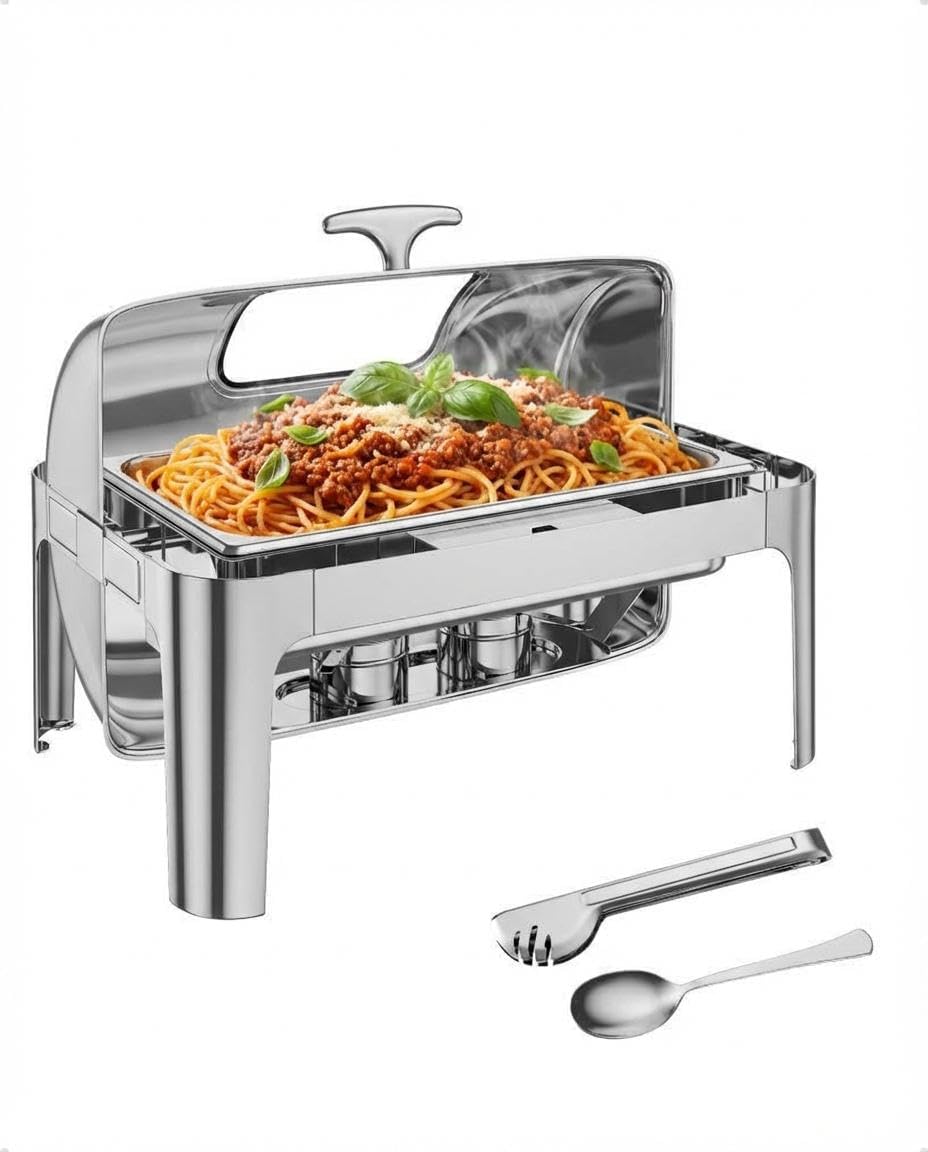 GarveeHome 9 QT Roll Top Chafing Dish Buffet Set, Food-Grade Stainless Steel Commercial Chafer for Catering, Parties, and Weddings, Visible Lid, [2 Half Sized Pans] Included