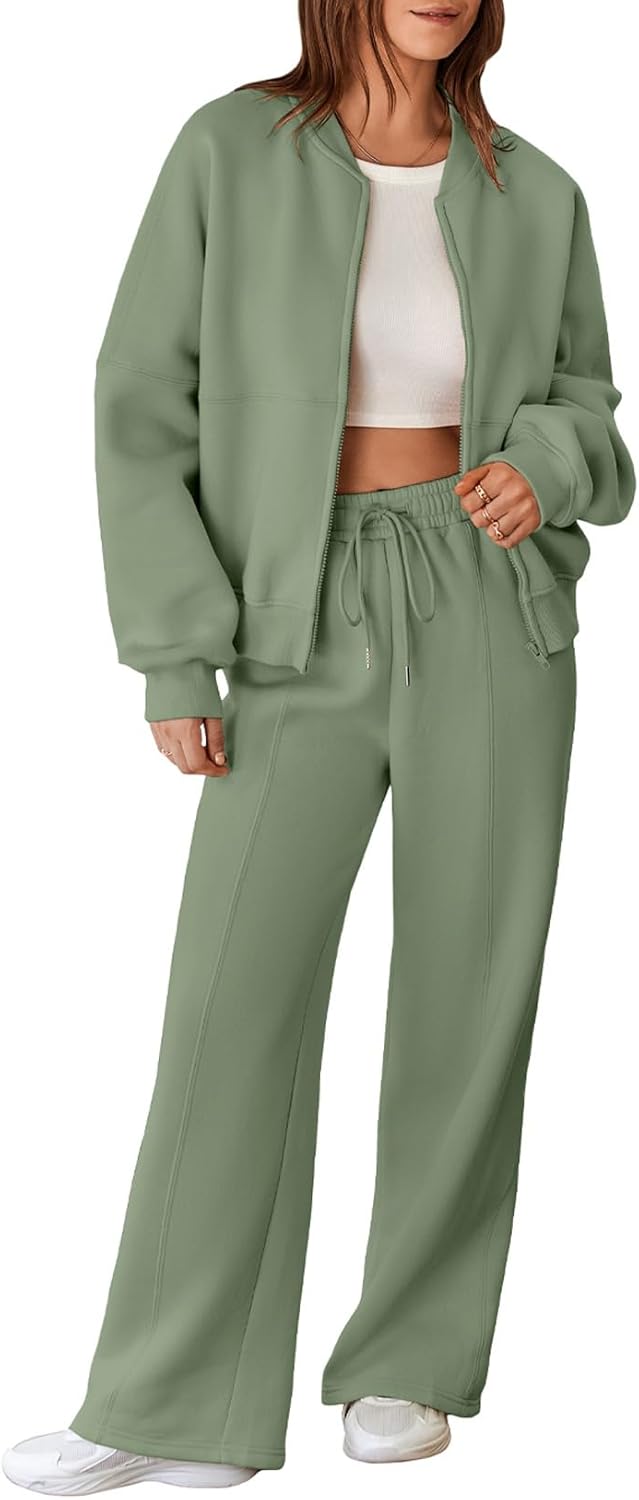 Aleumdr Women's 2 Piece Outfits Oversized Fleece Sweatsuit Zip Up Long Sleeve Sweatshirt with Wide Leg Sweatpants