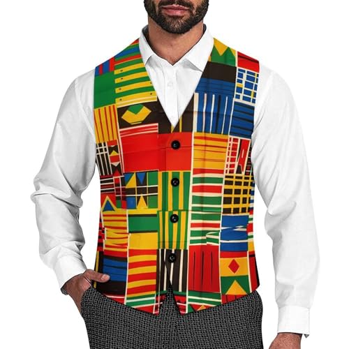 African Kente Cloth Ethnic Art Pattern Mens Suit Vest Slim Fit Button Up V Neck Business Waistcoat Sleeveless Dressy Top