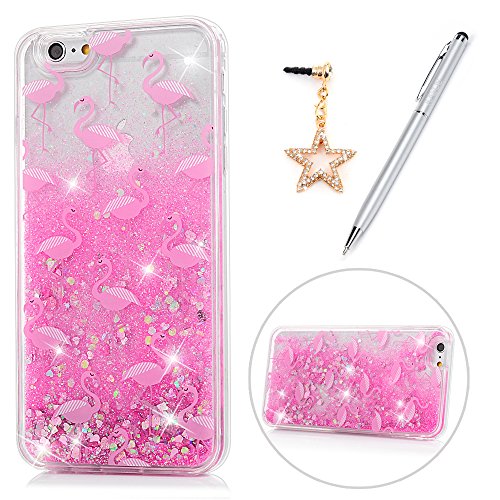 iPhone 6 Plus Case, iPhone 6S Plus Case, Bling Glitter Quicksand Soft TPU Frame & PC Back Shell Cute Pink Flowing Liquid Slim Colorful Painting Bumper Cover & Dust Plug & Stylus KASOS - Flamingo