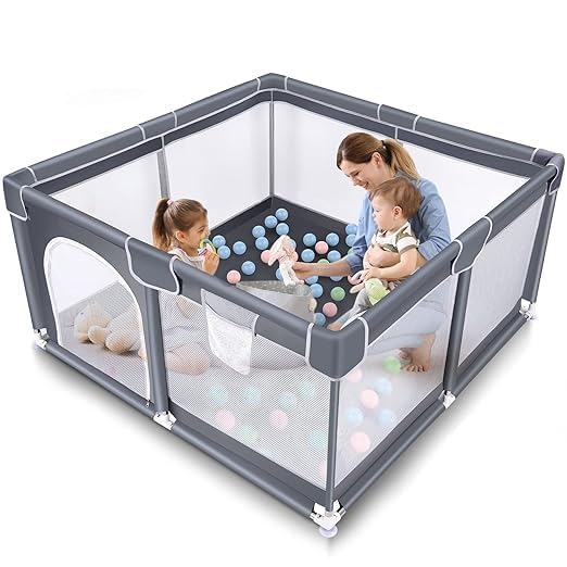 Image of ShivAnanta Baby Playpen for Home Indoor Kids Safety Play Fence with 30 Balls Mesh Play Area for 2+ Toddler Activity Zone Portable Baby Play Yard Anti Slip Child Play Space for Crawling Babies Secure Enclosure (Grey)