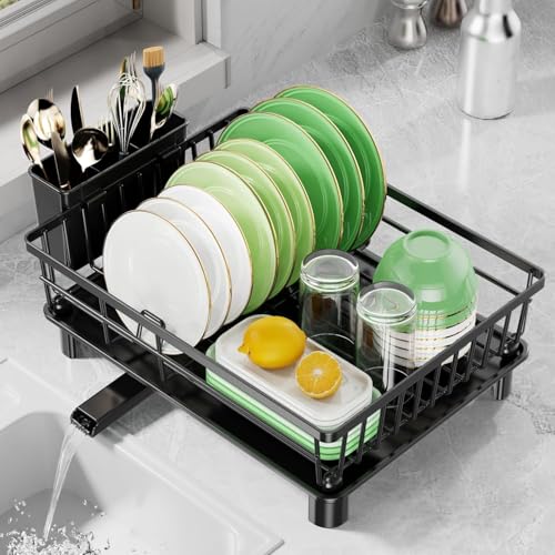 Image of Rainspire Premium Over Sink Dish Drying Rack with Drainboard Tray - Large Capacity Kitchen Counter Dish Drainer, Black Stainless Steel Dish Rack with Cup Organizer with Drawers & Multi-Purpose Scraper