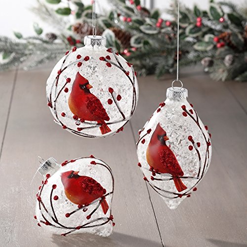 Raz Imports - Graphic Woodland - 4" Snowy Cardinal Christmas Tree Ornaments - Set Of 3 #TOP1