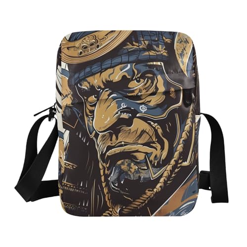 Crossbody Sling Bag for Women Men, Zipper Closure Messenger Bags Samurai Portrait Print with Card Phone Passport Compartment 6.6×9.4×2.5 IN
