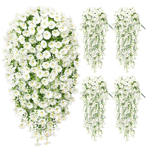TOCHGREEN Artificial Fake Hanging Flowers Plants for Outdoor Decoration 4PCS Faux Silk Morning Glory Flowers UV Resistant Hanging Plants for Home Porch Patio Garden Decor (White) by TOCHGREEN - Used condition - CA$27.19
