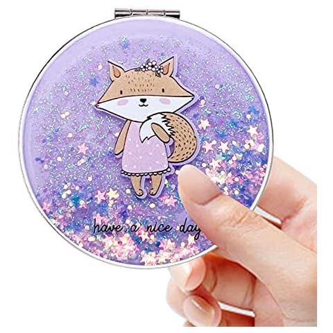 Compact Mirror, Pocket Mirror, Acedada Portable Travel Makeup Mini Mirror with Bling Quicksand, Small Mirror for Purse Folding 2-Sided 1x/2x Magnifying Compact Mirror for Women Girls - Purple Fox Cover