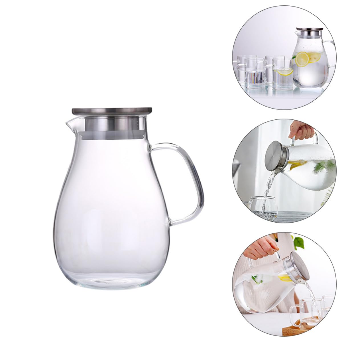SHINEOFI Jarra de Agua de Vidrio de 2000 Ml Tapa Antigoteo Hervidor de Bebidas Multiusos Hogar Botella Práctica para Jugo y Agua Fría