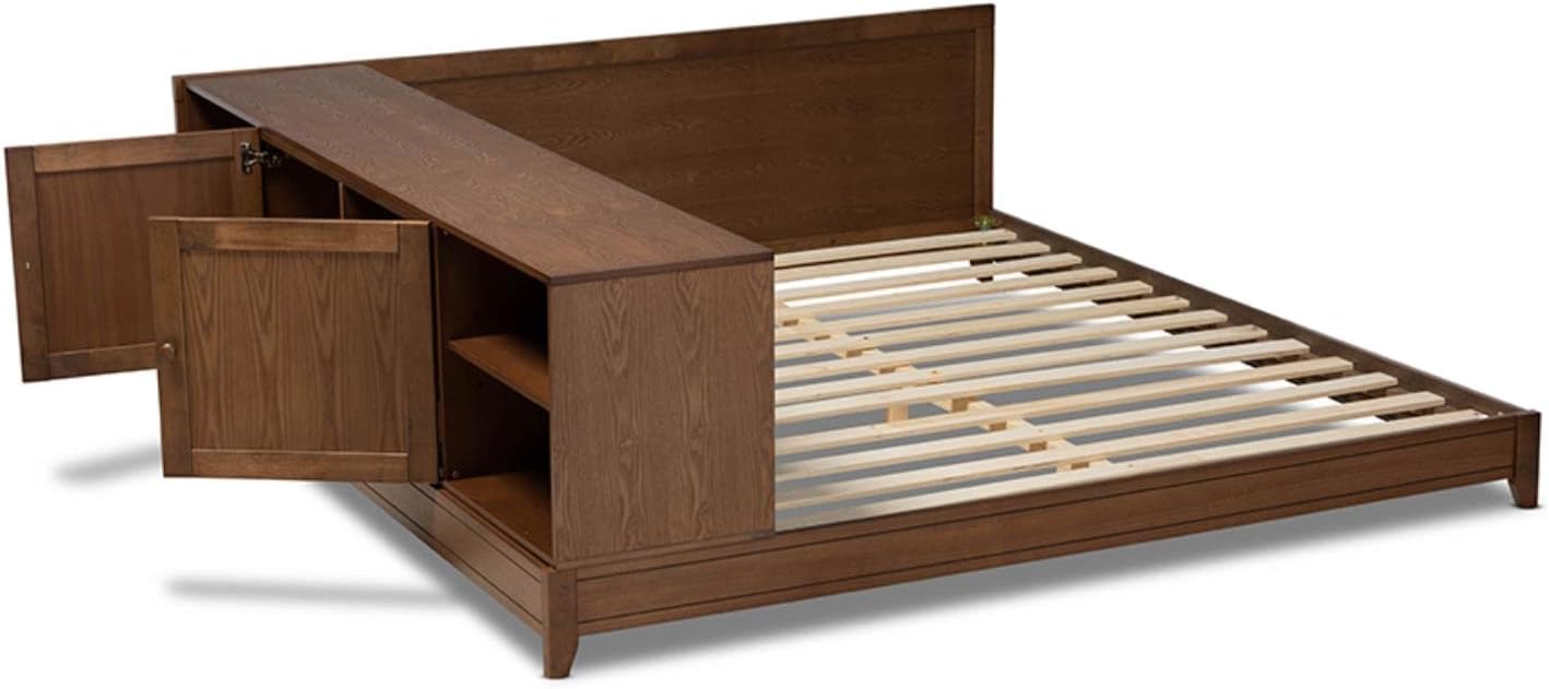 Baxton Studio Kaori Modern and Contemporary Transitional Walnut Brown Finished Wood Queen Size Platform Storage Bed