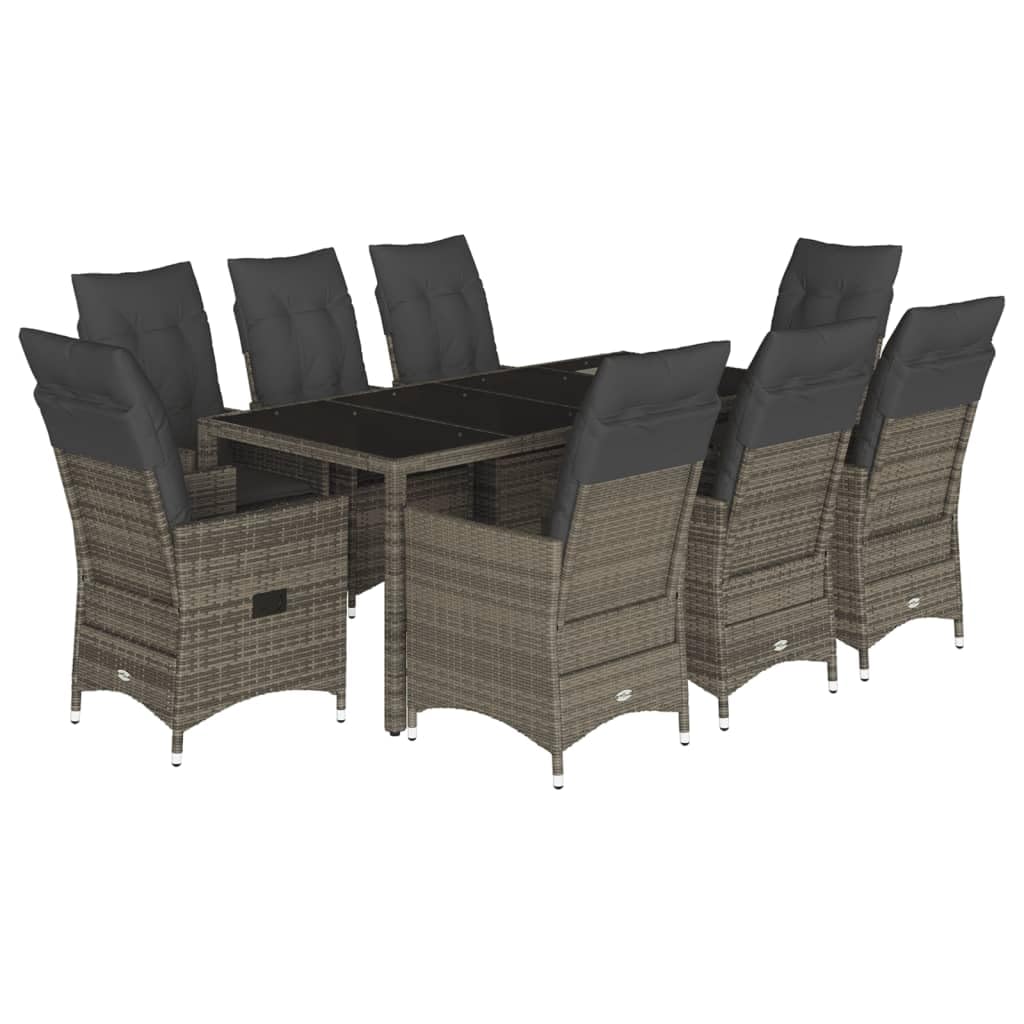 vidaXL Garten Essgruppe 9-TLG., Gartenmöbel Set mit Kissen, Gartengarnitur Tisch 8 Stühle, Sitzgruppe für Terrasse Garten, Grau Poly Rattan