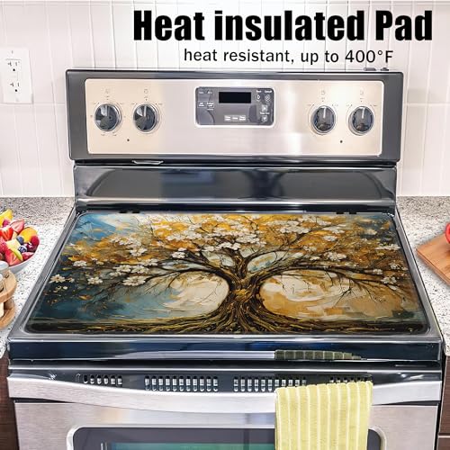 Image of Gold Tree Stove Top Covers for Electric Stove,Spring White Flower Glass Top Stove Cover, Heat Resistant Range Covers for Electric Stove,Washable Countertop Mat, 28 x 20 Inch