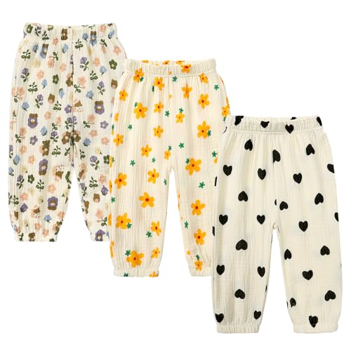 Image of Kids Tales 3 Pack Boys Girls Cotton Linen Pants Child Basic Plain Solid Trousers Big Kids Elastic Waist Long Pants Bloomers