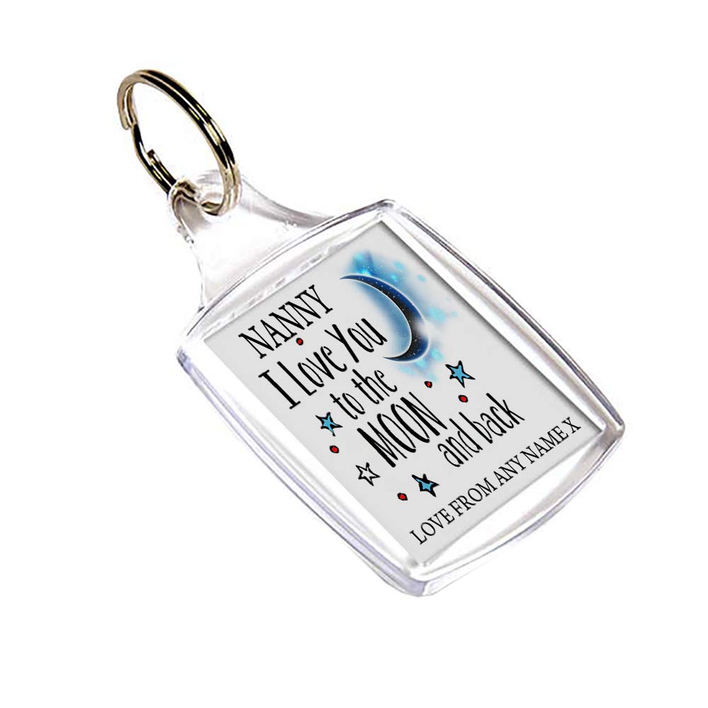 Giftme Personalised Nanny I love You To The Moon And Back Key Ring Keychain MDF Key ring Keepsake, Family, Kids, Sentimental present Birthday Present. (A5 Keyring)