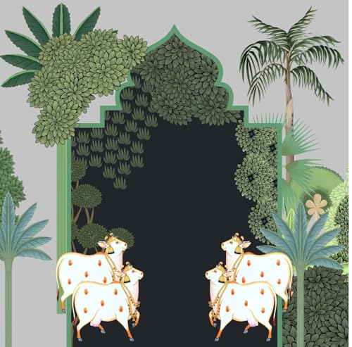 Image of Pichwai Cow Backdrop Cloth for Poja |Backdrops for Decorationss |Background Decorationss Cloth 8 /8 ft (Black picwai Cow (8 8 FT) bhogi Pallu decorationss Backdrop