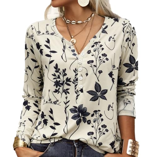 GRMLRPT T-Shirt col V Blouses à Manches Longues pour Femmes Imprimé Tunique Tops Lâche Chemisier T-Shirts pour Femmes Sweat-Shirt Tuniques Basiques Haut Automne(Style-D,XXL)