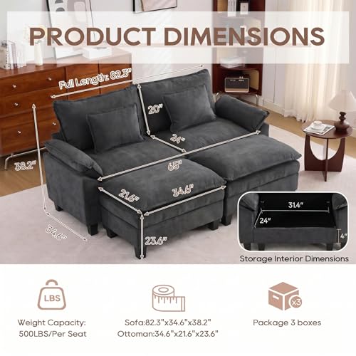 Image of IPKIG 82.3 inch Modular Cloud Couch with Storage, U Shaped Sectional Sofa with Ottoman & Pillow, Velvet Deep Seat Sectional Couches for Living Room, Apartment, Dark Grey