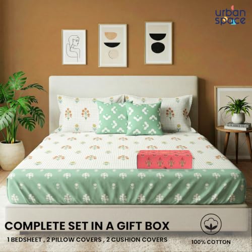 Image of Urban Space Festive Gifting Set - 100% Cotton Double Bedsheet with 2 Pillow Covers and 2 Cushion Covers, Bedsheet Set in Gift Box, 90 x 100 Inch, Magnolia Green| Diwali, Festive & Housewarming Gift