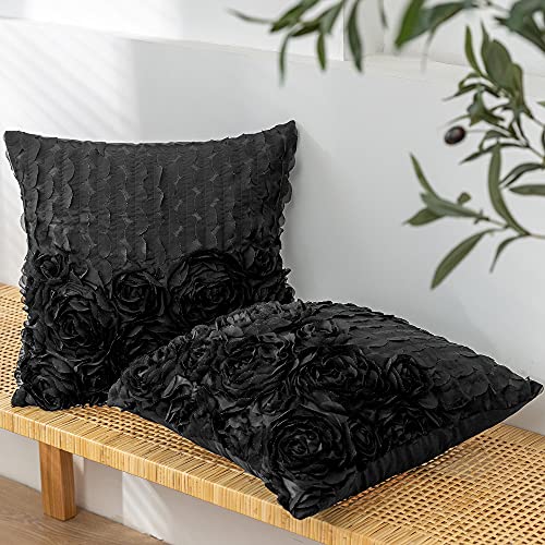CaliTime Throw Pillow Cases Pack of 2 Solid 3D Stereo Chiffon Wave Rose Flower Decorative Cushion Covers Shells for Couch Sofa Bedroom 45cm X 45cm Black