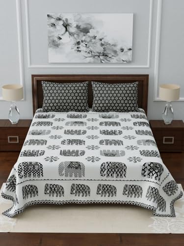 Image of LIVING ROOTS Jaipuri Hand Block Print King Cotton Bedsheet 86 * 104 inches (7 * 8.5 feet) with 2 Pillow Cover | 210 TC | Rich Fast Colour with No Colour Bleeding | (037-B)