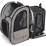 Hunderucksack bis 6kg, Erweiterbar Faltbar, Katzenrucksack Große Katzen mit Anti-offener Reißverschluss, Rucksack Hund mit Netz Fenster Braun, für Hunde Katzen Haustiere (34 * 27 * 44cm)