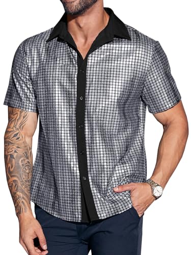 Runcati Herren Disco Hemd Kurzarm 70er Glitzer Hemden Männer Sommer Vintage Pailletten Party Shirt Karneval Kostüm Nachtclub Oberteil Grau L