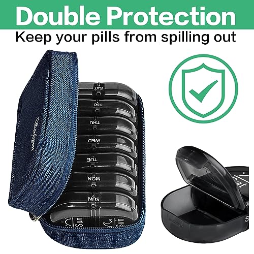 Image of Serfeymi Weekly Travel Pill Organizer 2 Times A Day AM PM Upgraded Black Pill Box 7 Day with Portable Zipper Canvas Pill Case, Medicine Organizer for Pills, Vitamins, Supplements, Fish Oils - Blue 01