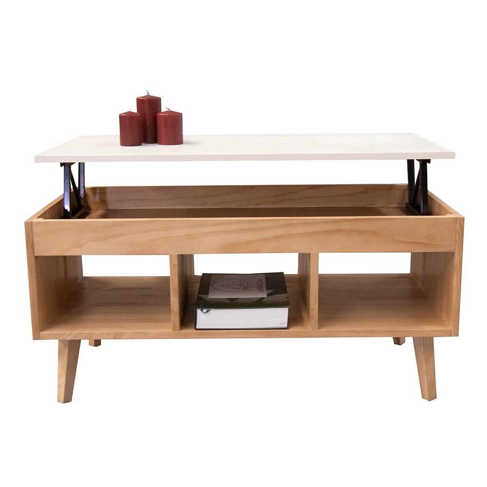 LoMasCasa - Mesa de Centro Salón Elevable Colección Karla 11 en Madera Maciza de Pino Natural Ecológica Estilo Nórdico en Color Madera y Blanca con Tres Huecos y Medidas 100x50x47 cm
