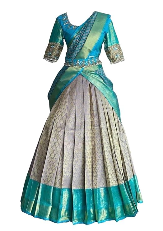 RENVAANI FASHIONWomen's Indian Traditional Unstitched Kanjivaram Silk Pure Zari Weaving Lehenga Choli Along With Dupatta Attach With Unstitch Blouse Piece, Half Saree (HALF SAREE HT040 BT RED KUKDO)