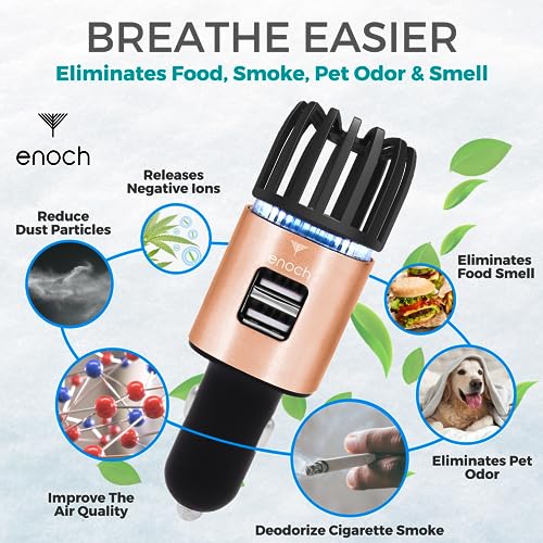 Image of Enoch Car Air Purifier Premium Air Ionizer - 12V Plug-In Ionic Ozone Deodorizer Accessory with Dual USB Car Charger - Eliminates Cigarette Smoke, Pet and Food Odors, Dust (Rose Gold)