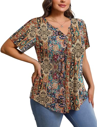IN'VOLAND Womens Plus Size Tunic Top Summer Short Sleeve T-Shirt V-neck Button Up Dressy Blouse Casual Pleated Pullover 1X-5X3