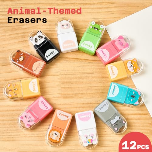 Image of Sooez 24 Pack Pencil Erasers, Cute Animal Eraser with Clean up Roller and Cover, Latex-Free, Bulk Art Drawing Erasers for Students & Teacher Classroom /School Supplies, Party Favor