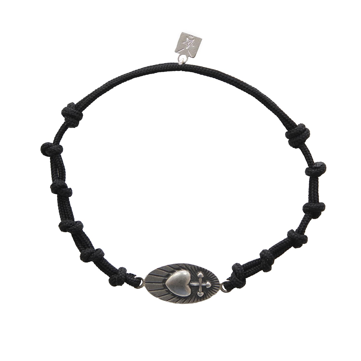 Pulsera Detente del Sagrado Corazón de Jesús en Plata de Ley 925 | Cordón Negro Ajustable Unisex | Joya Religiosa de Protección Hecha a Mano en España | Regalo de Fe y Devoción