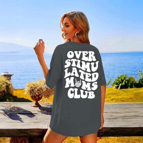 Image of Yuyiify Oversized Tshirts for Women Mama Overstimulated Cool Moms Club Skeleton Shirt Funny Mom Graphic Tees Top