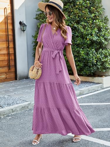 Image of MASCOMODA Women Boho Swiss Dot Maxi Dresses Wrap V Neck Flutter Short Sleeve Solid Tie Waist A Line Tiered Flowy Long Dresses