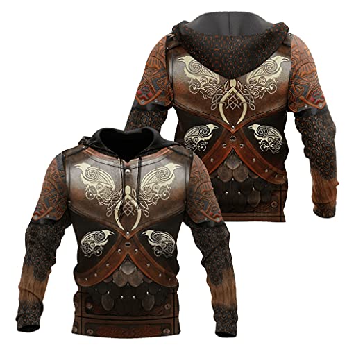 Mens 3D Print Tattoo Viking Raven Armor Hoodie, Norse Odin Crow Streetwear Long Sleeve Casual Sweatshirt3