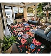 Babovid Black Area Rugs 10x14 Living Room, Non Slip Machine Washable Floral Rugs, Low Pile Lightw...