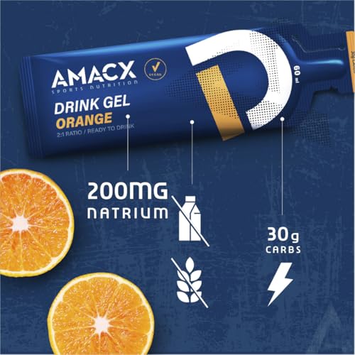 Amacx Energy Gel with Electrolytes for Intensive Training – 12 x 60ml – Vegan Carb Gel, Gluten Free Sports Nutrition – Running Gels for Marathon, Cycling & Endurance Training – Orange