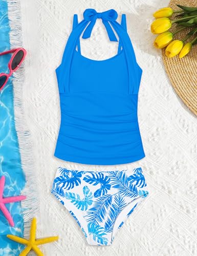 Image of Girls Swimsuit 2 Piece Halterneck Cross Straps Girls Tankini Top Drawstring Prints Shorts Bathing Suit for Teens 9-16Y