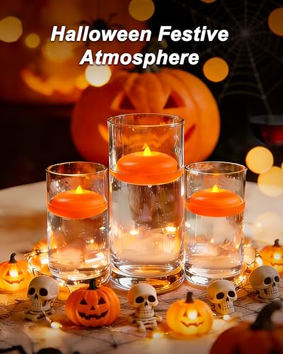 Image of Homemory 12 Pack 3 inch Flameless Led Floating Candles, 200 Hour Orange Battery Operate Waterproof Tealights for Cylinder Vases, Centerpieces at Wedding Decor, Party, Pool