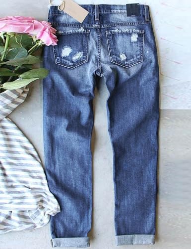 Ripped Patch Jeans for Womens Plaid Patch Boyfriend Skinny Distressed Casual Denim Pants with Hole2