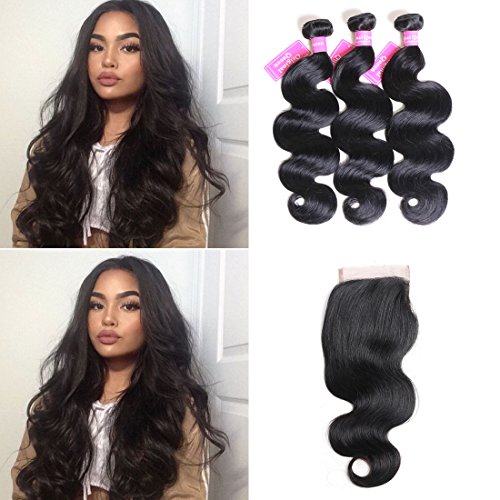 Original Queen 8A Grade Brazilian Body Wave Virgin Hair 3 Bundles with Closure 100% Unprocessed Human Hair Extensions Mixed Length 16 18 20inches With 14inches Free Part Closure