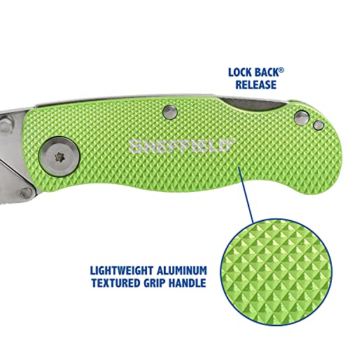 Image of Sheffield Folding Utility Knife, Accepts Standard Utility Knife Blades, Box Cutter Aluminum Handle, Razor Blades Included, For Home, Office, Trades, and Warehouse