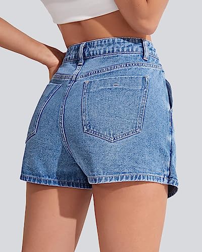 Denim Shorts Women Casual High Waisted Solid Button Up Asymmetrical Denim Jean Skort Skirt Mini Shorts.2
