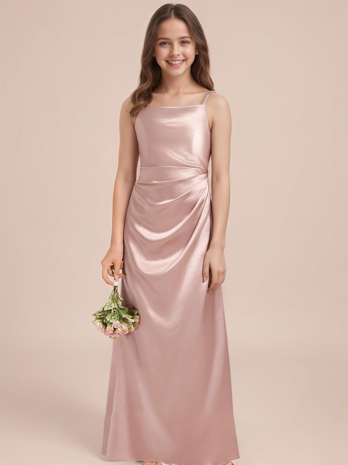 Silk Satin Junior Bridesmaid Dresses for Wedding A-Line Straps Pleated Sleeveless Long Flower Girl Dress - Image 6