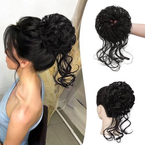 Sofeiyan Messy Bun Hair Piece Curly Wavy Hair Extensions Synthetic Tousled Updo with Tendrils Hairpieces Bun Donut Accessories Scrunchies for Women Natural Black