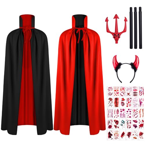 AOOWU Longo disfarce de vampiro, camada de vampiro para mulheres homens, gola alta, desgaste de dupla face, camada de máscara com dentaduras pretas, diadema e autocolantes para tatuagem, 4 peças