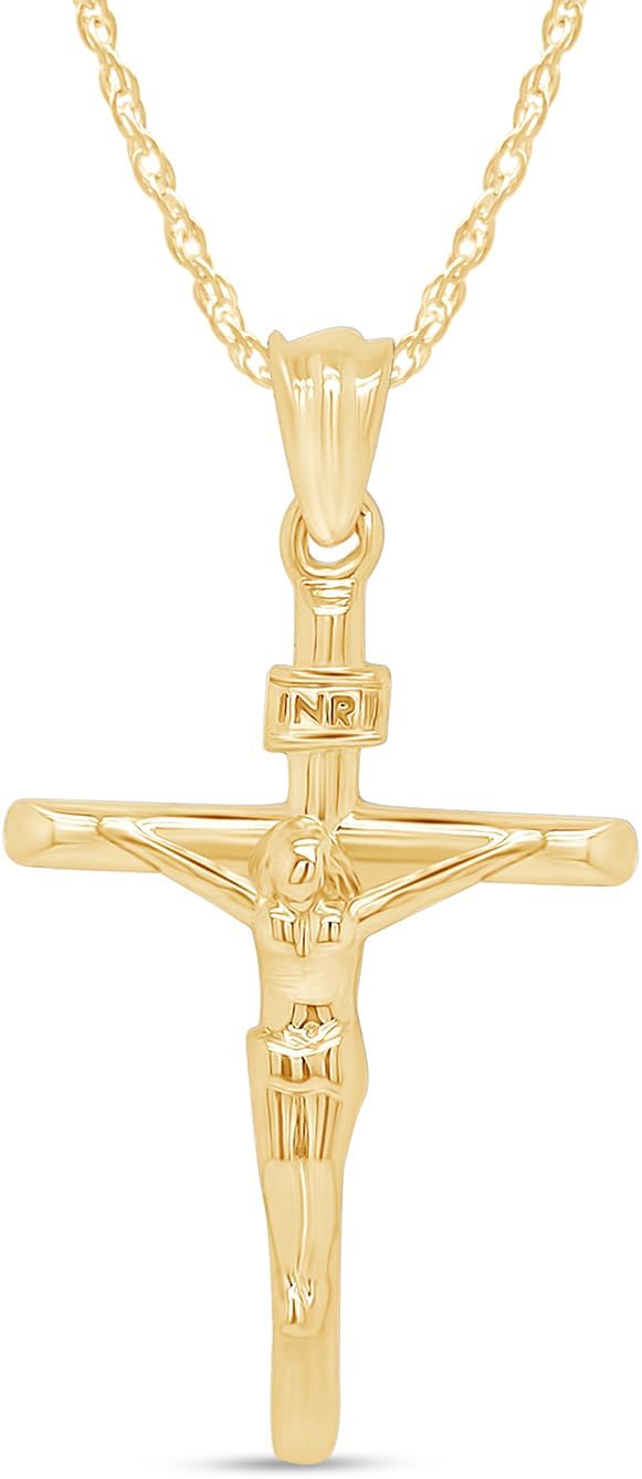 AFFY Danity Jesus Christ INRI Crucifix Cross Pendant Necklace Along With 18 Inche Rope Chain In 14K Gold Plated 925 Sterling Silver Pendent Necklace, Jewelry gift