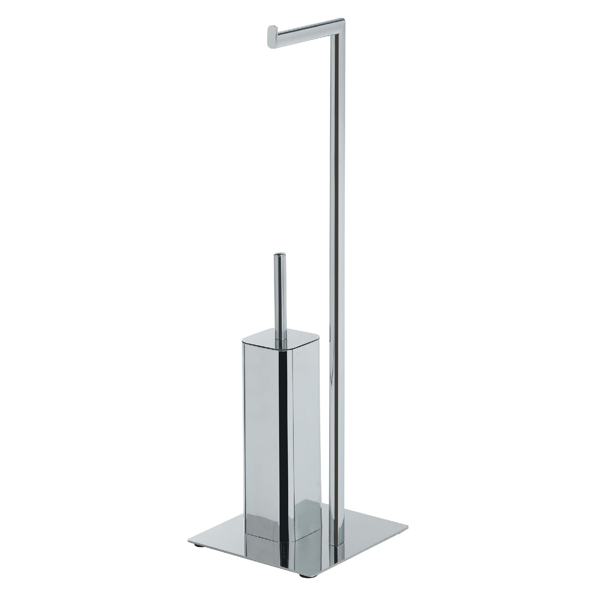 Gedy Felix Piantana Portarotolo e Scopino Bagno WC con Ciuffo in Setole Nere in Nylon, Realizzata in Acciaio Inox e Metallo Cromato, Base Quadrata Zavorrata, Dimensioni L20xP20xH69,​8 cm Peso 2,​185 kg